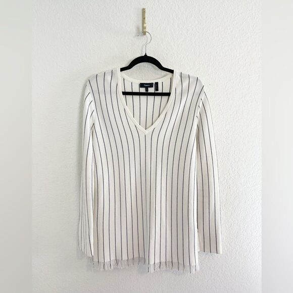 Theory Hayden O Reverie V-Neck Stripe Fringe Pullover Sweater small - Picture 2 of 7